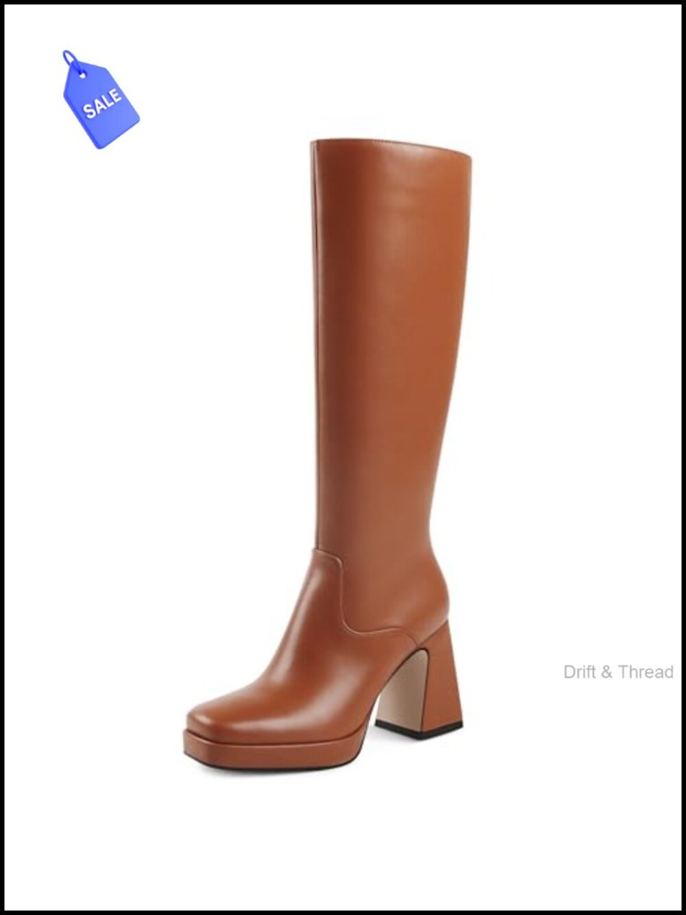 Women's Knee High Platform Boots Chunky Heel Faux Leather Square Toe Side Zip